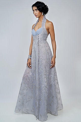 Sky Blue Embroidered Gown With Slit by Geisha Designs