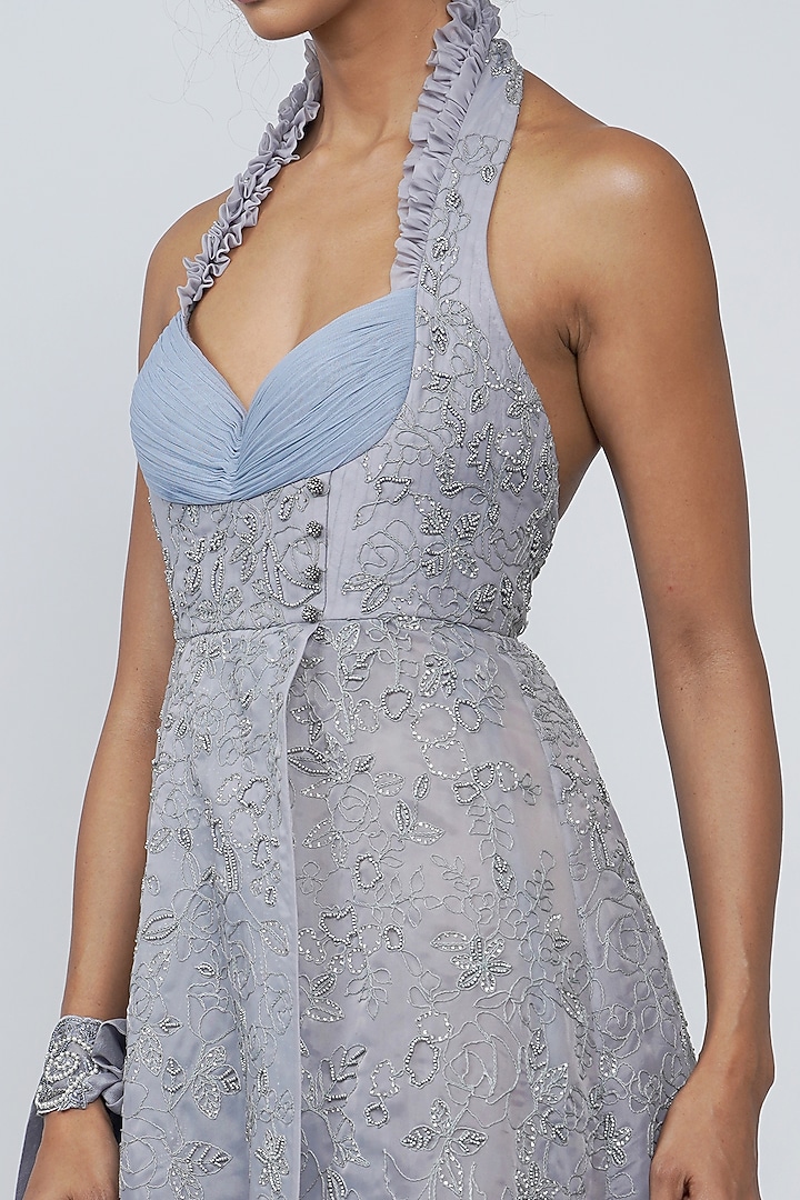 Sky Blue Embroidered Wedding Gown With Slit by Geisha Designs at Pernia's Pop Up Shop