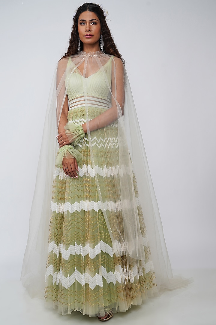 Mint Green Embroidered Gown With Cape by Geisha Designs at Pernia's Pop Up Shop