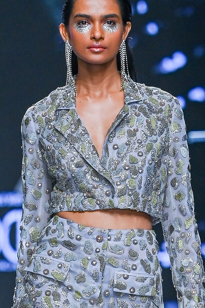 Grey Nylon Stone & Crystal Work Blazer Set by Geisha Designs at Pernia's Pop Up Shop