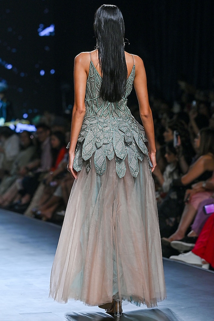 Green Nylon & Polyester Pearl Embroidered Wedding Gown by Geisha Designs at Pernia's Pop Up Shop