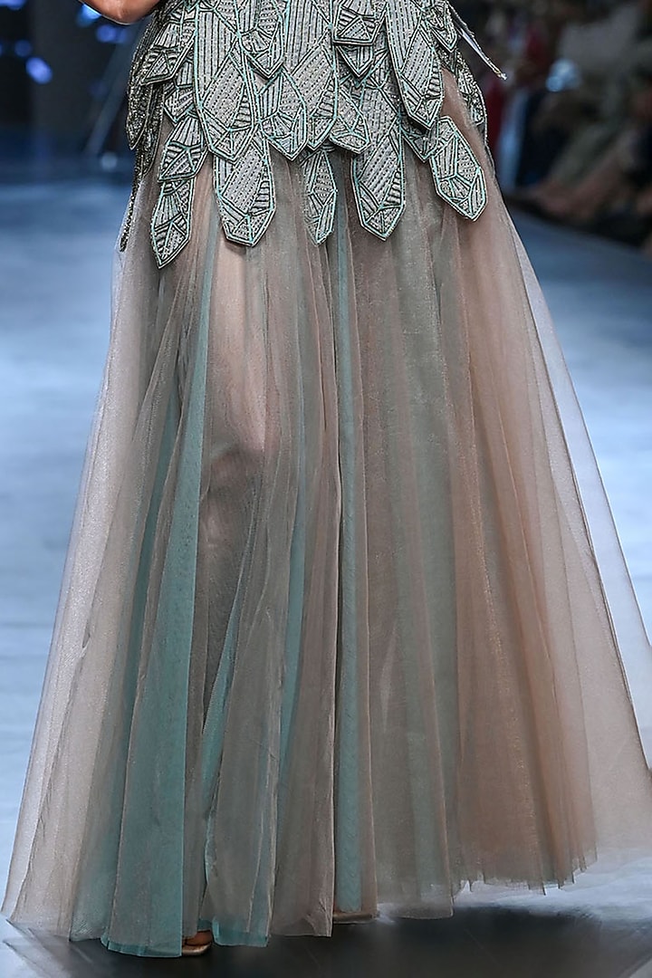 Green Nylon & Polyester Pearl Embroidered Wedding Gown by Geisha Designs at Pernia's Pop Up Shop
