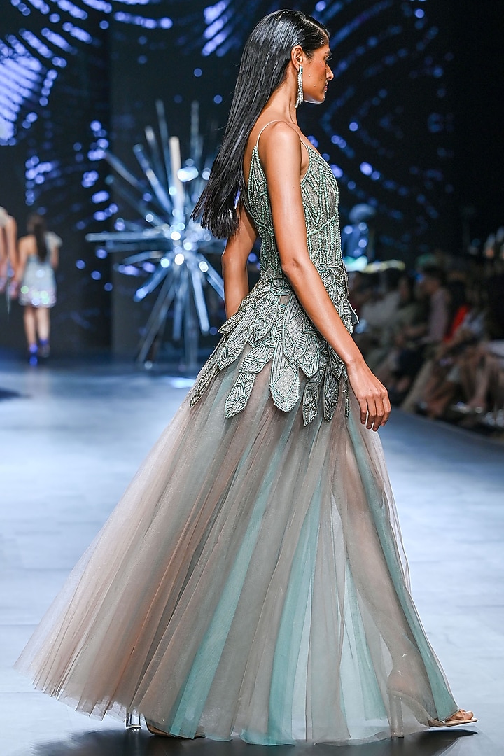 Green Nylon & Polyester Pearl Embroidered Wedding Gown by Geisha Designs at Pernia's Pop Up Shop
