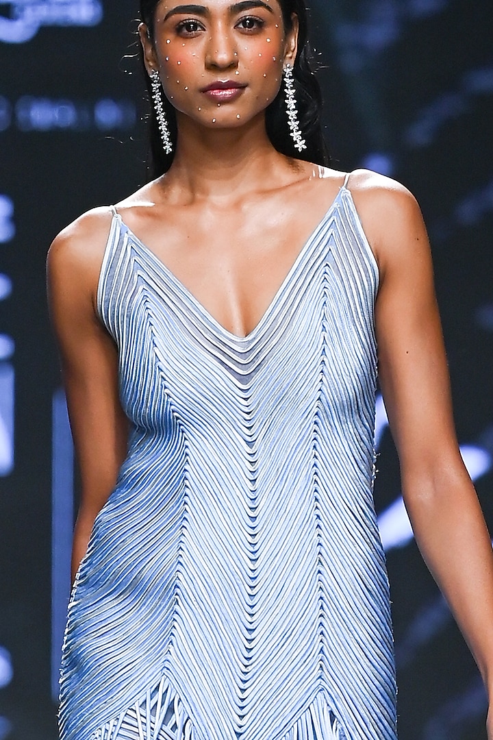 Light Blue Nylon Corded Tassel Party Wear Dress by Geisha Designs at Pernia's Pop Up Shop