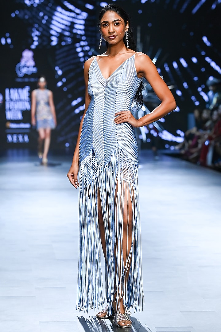 Light Blue Nylon Corded Tassel Party Wear Dress by Geisha Designs at Pernia's Pop Up Shop