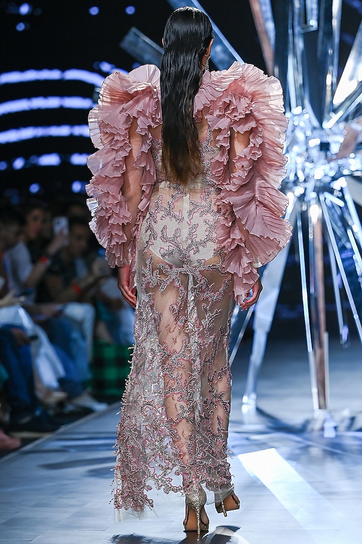 Pink Polyester & Nylon Pearl Embroidered Bridal Gown by Geisha Designs at Pernia's Pop Up Shop