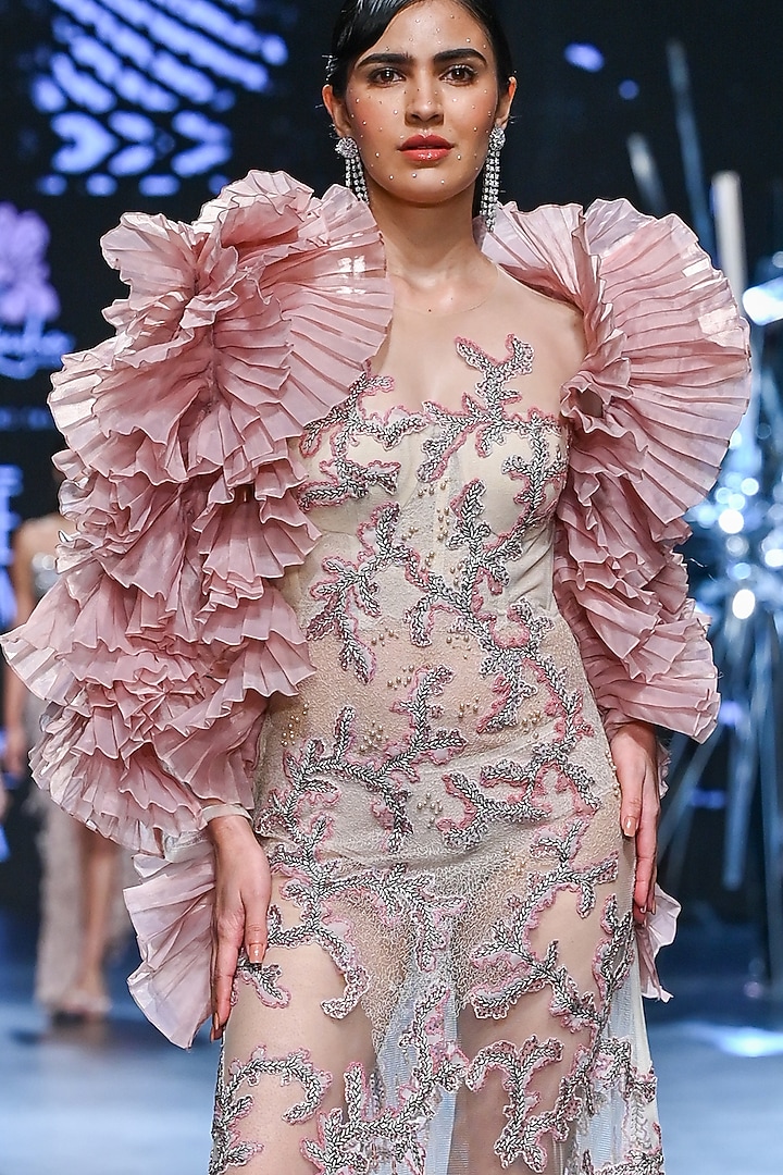 Pink Polyester & Nylon Pearl Embroidered Bridal Gown by Geisha Designs at Pernia's Pop Up Shop