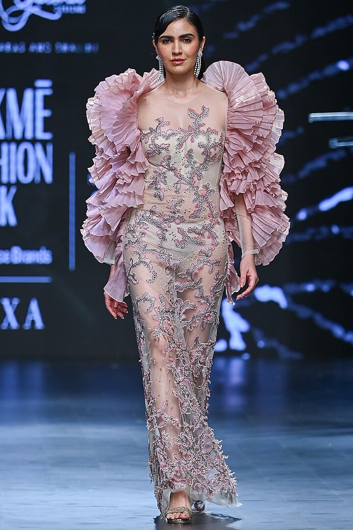 Pink Polyester & Nylon Pearl Embroidered Bridal Gown by Geisha Designs at Pernia's Pop Up Shop