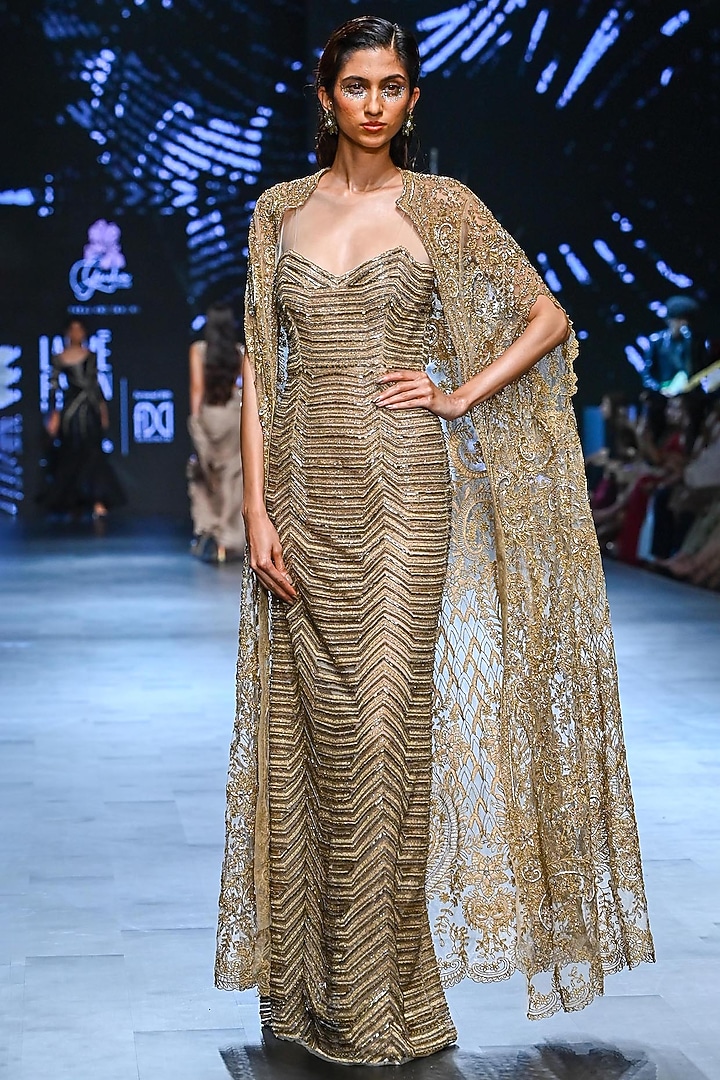 Golden Nylon & Viscose Zari Thread Embroidered Bridal Gown by Geisha Designs at Pernia's Pop Up Shop