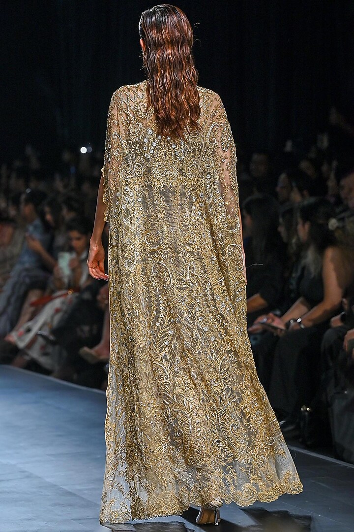 Golden Nylon & Viscose Zari Thread Embroidered Bridal Gown by Geisha Designs at Pernia's Pop Up Shop