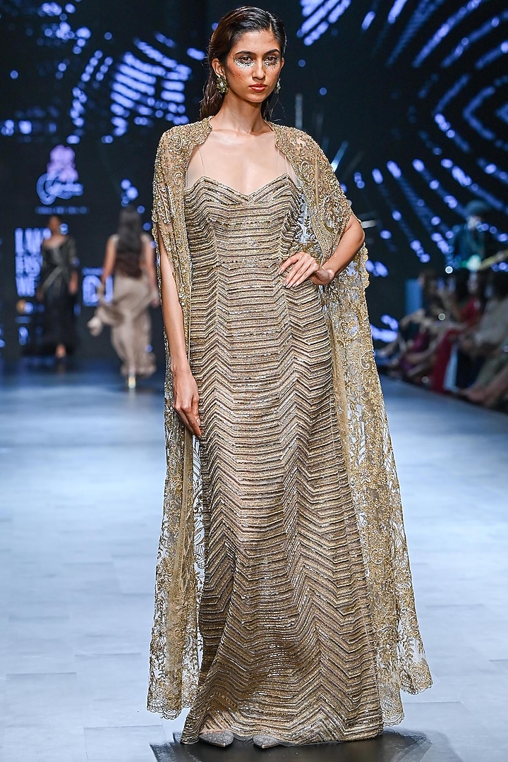 Golden Nylon & Viscose Zari Thread Embroidered Bridal Gown by Geisha Designs at Pernia's Pop Up Shop