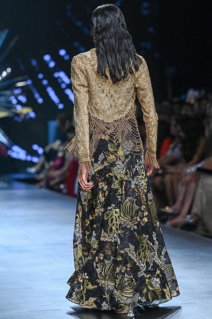 Black Nylon & Viscose Abstract Motif Embroidered Skirt Set by Geisha Designs at Pernia's Pop Up Shop