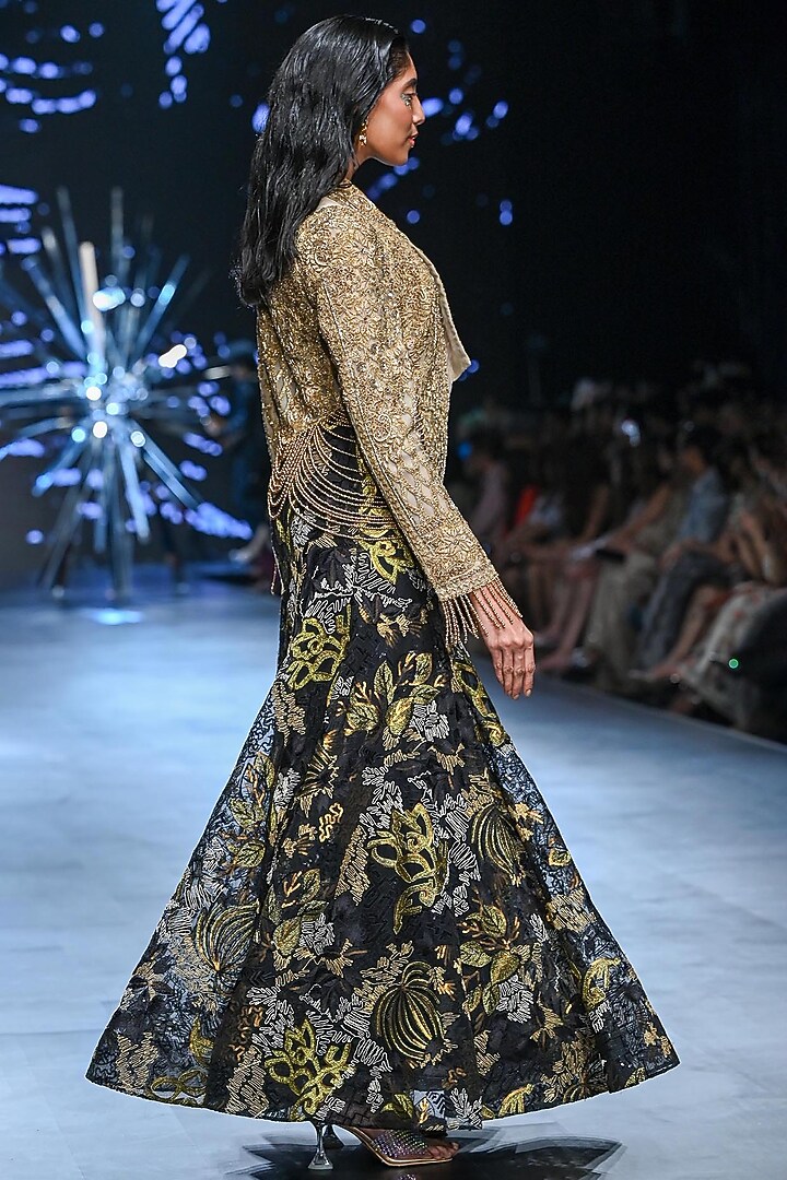 Black Nylon & Viscose Abstract Motif Embroidered Skirt Set by Geisha Designs at Pernia's Pop Up Shop