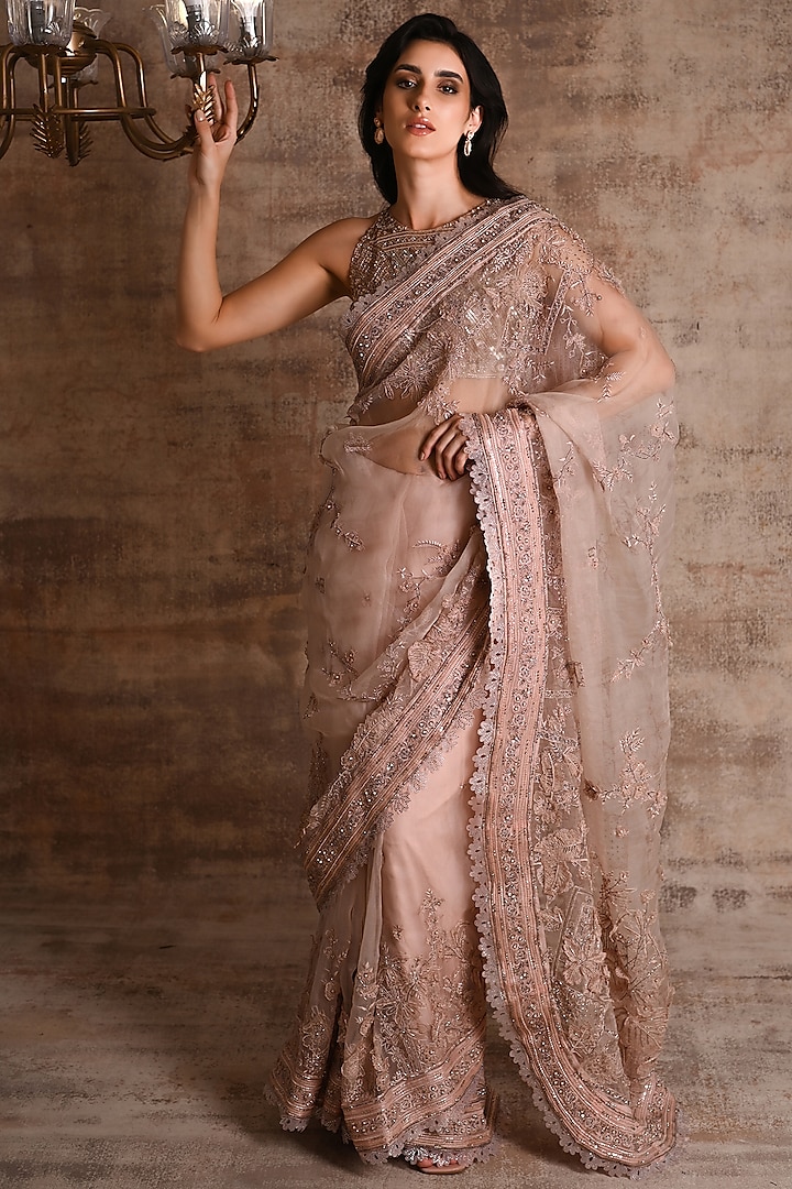Blush Pink Organza Bridal Saree Set by Geisha Designs at Pernia's Pop Up Shop