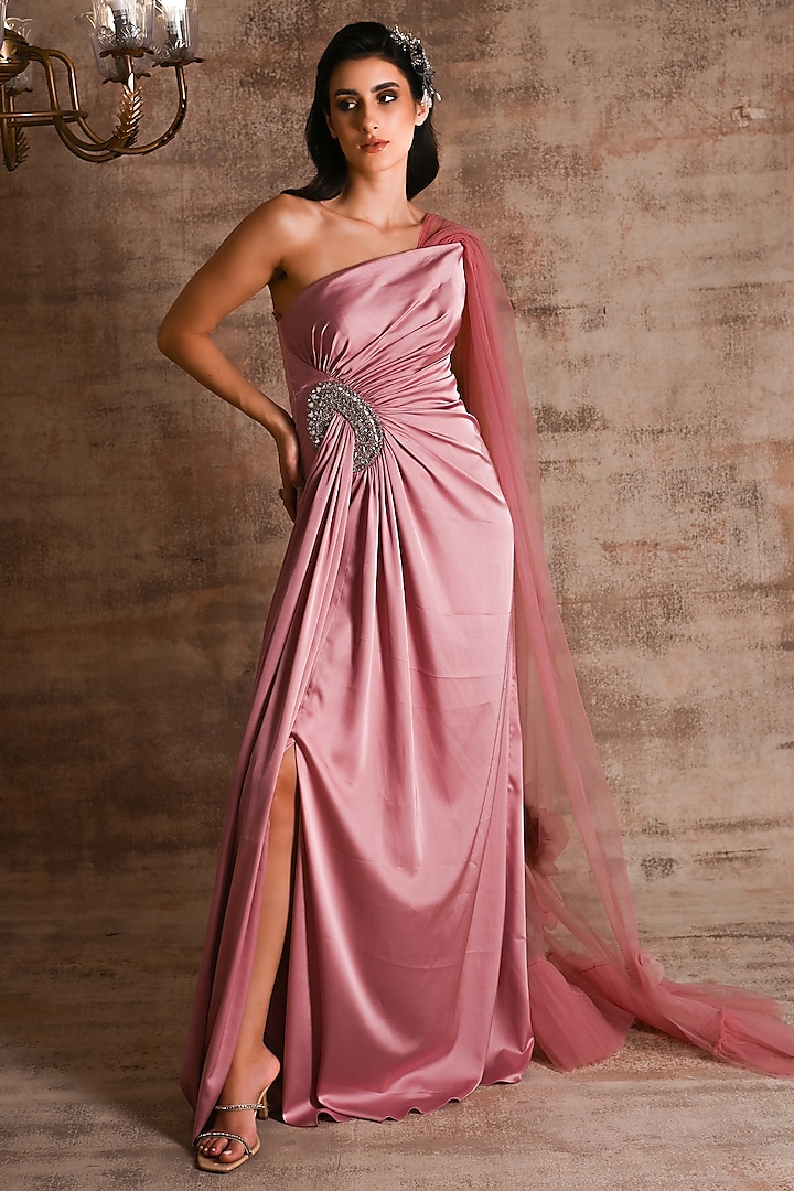 Pink Satin Crystal Embellished Gown by Geisha Designs
