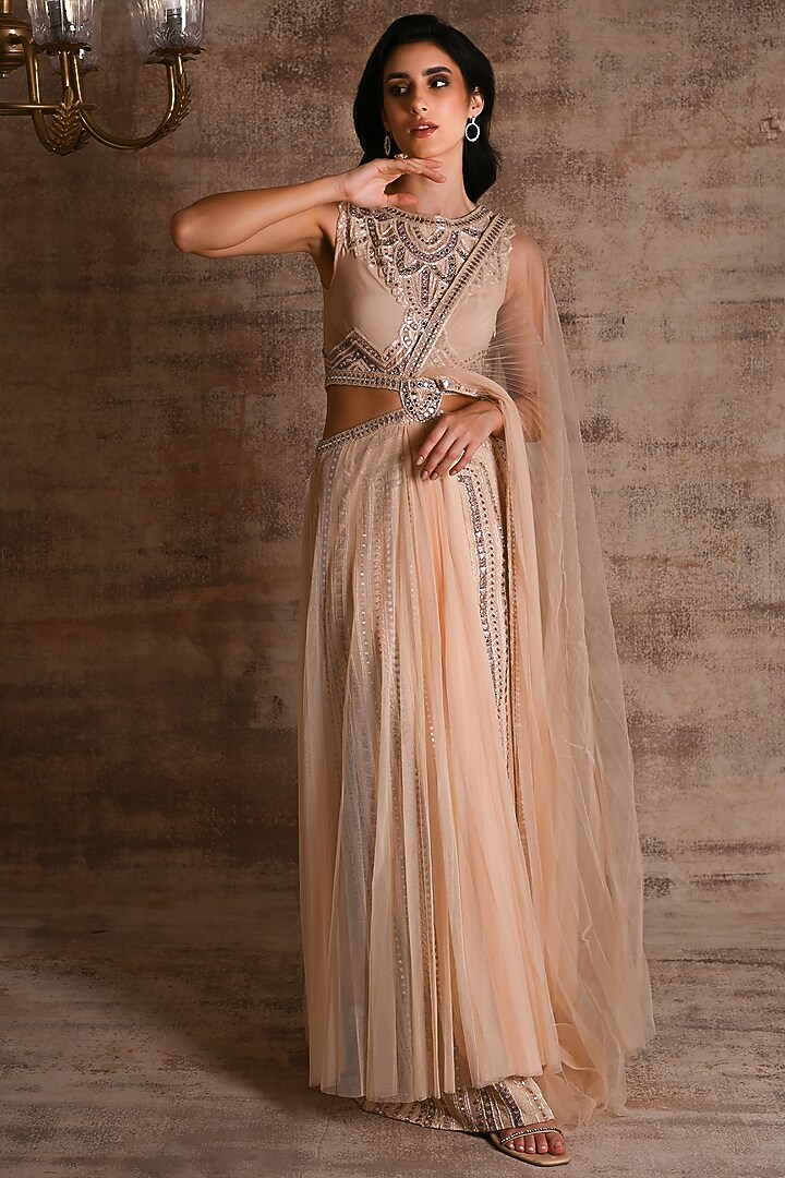 Beige Satin Mirror Embroidered Wedding Gown by Geisha Designs at Pernia's Pop Up Shop