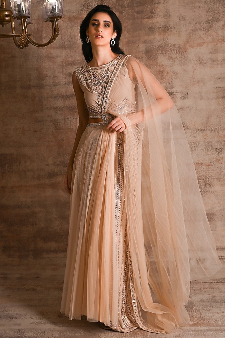 Beige Satin Mirror Embroidered Wedding Gown by Geisha Designs at Pernia's Pop Up Shop