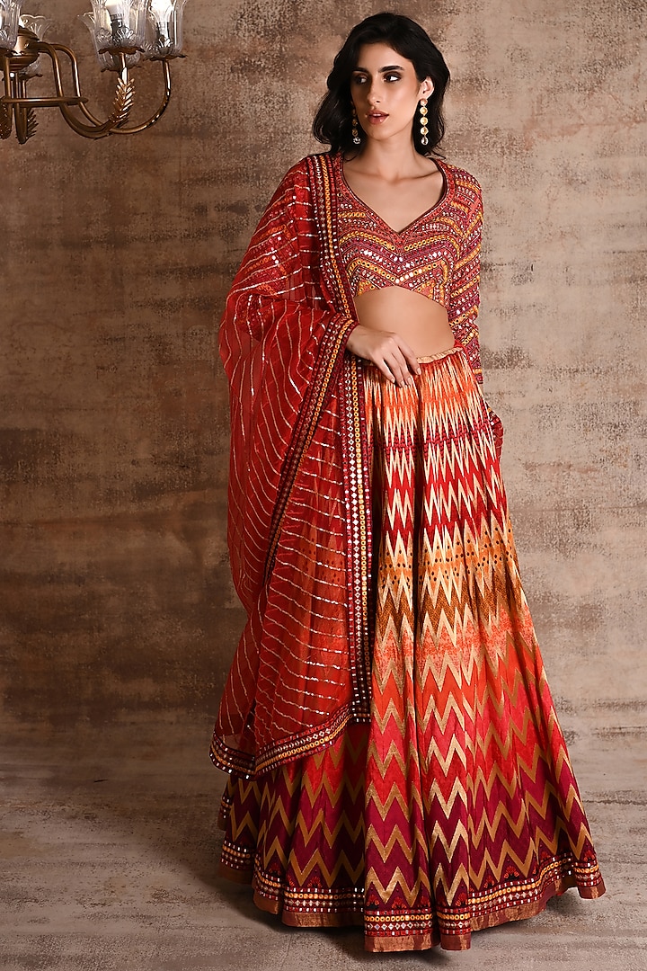 Multi Colored Brocade Printed Bridal Lehenga Set By Geisha Designs At