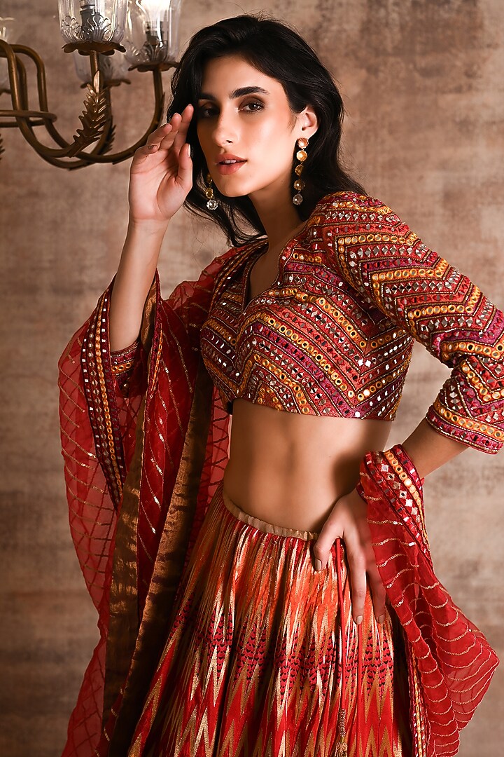 Multi-Colored Brocade Printed Bridal Lehenga Set by Geisha Designs at Pernia's Pop Up Shop