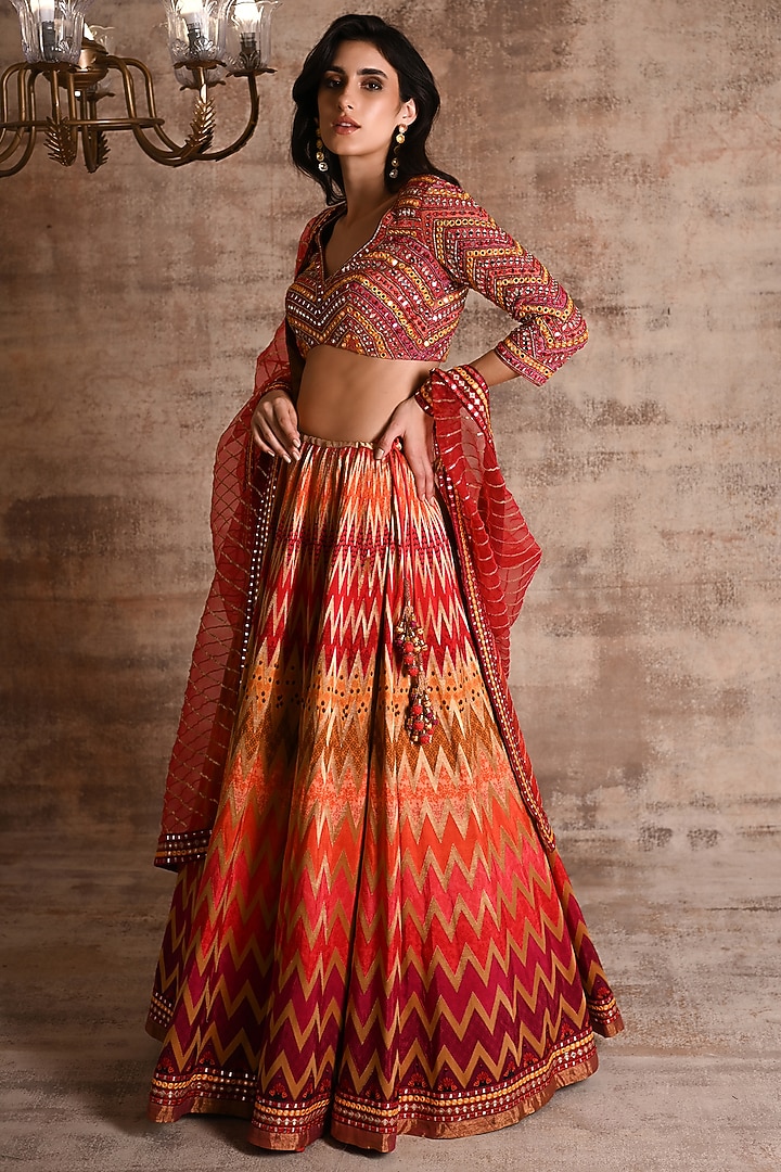 Multi-Colored Brocade Printed Bridal Lehenga Set by Geisha Designs at Pernia's Pop Up Shop