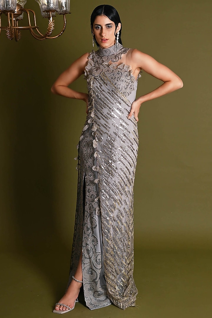 Grey Nylon & Viscose Floral Embroidered Wedding Gown by Geisha Designs at Pernia's Pop Up Shop