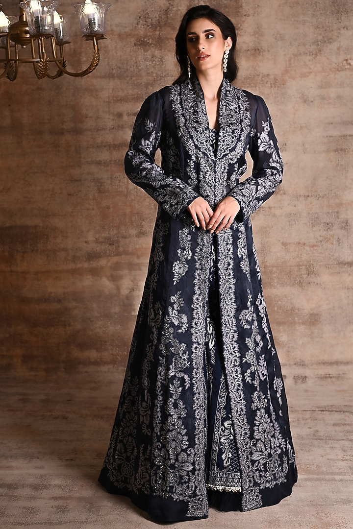 Navy Blue Nylon & Viscose Bridal Sharara Set by Geisha Designs at Pernia's Pop Up Shop