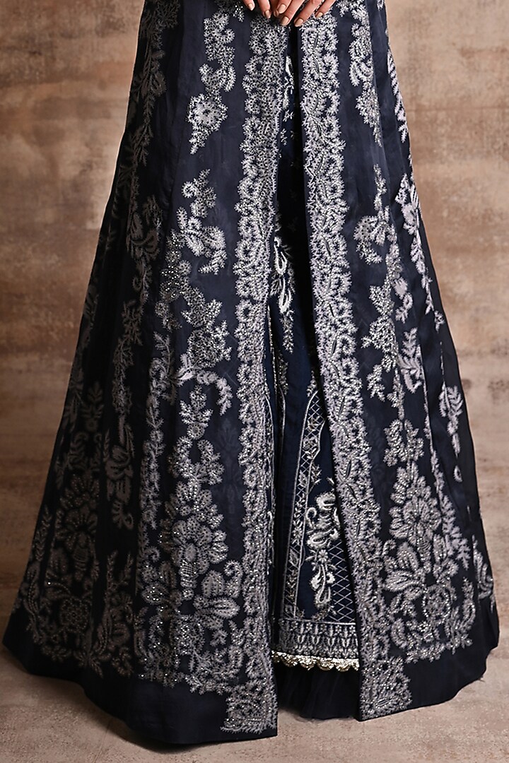 Navy Blue Nylon & Viscose Bridal Sharara Set by Geisha Designs at Pernia's Pop Up Shop