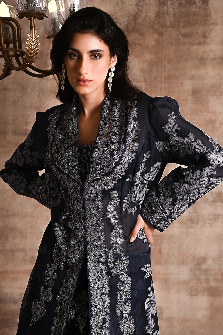 Navy Blue Nylon & Viscose Bridal Sharara Set by Geisha Designs at Pernia's Pop Up Shop