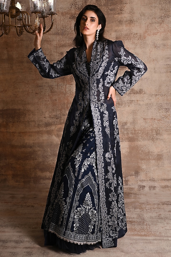 Navy Blue Nylon & Viscose Bridal Sharara Set by Geisha Designs at Pernia's Pop Up Shop