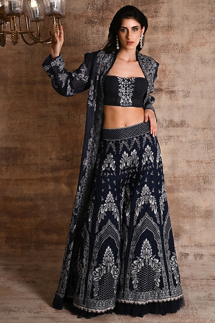 Navy Blue Nylon & Viscose Bridal Sharara Set by Geisha Designs at Pernia's Pop Up Shop