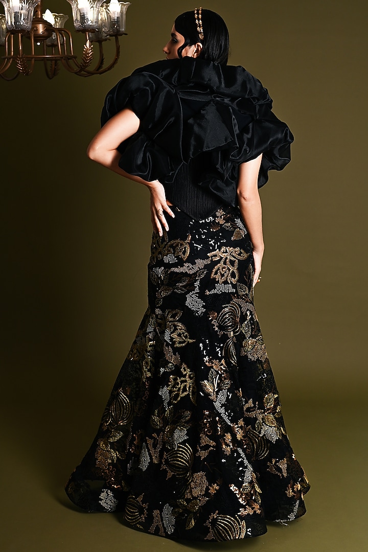 Black Nylon & Viscose Embroidered Skirt Set by Geisha Designs at Pernia's Pop Up Shop