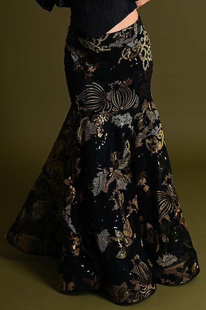 Black Nylon & Viscose Embroidered Skirt Set by Geisha Designs at Pernia's Pop Up Shop