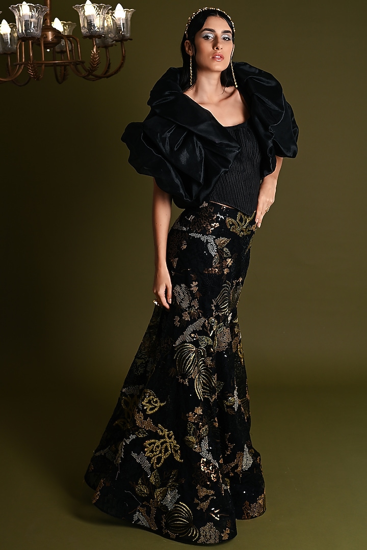 Black Nylon & Viscose Embroidered Skirt Set by Geisha Designs at Pernia's Pop Up Shop