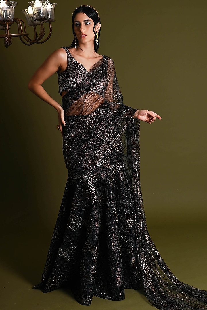 Black Nylon & Viscose Bridal Saree Set by Geisha Designs at Pernia's Pop Up Shop