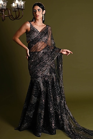Black Nylon & Viscose Saree Set by Geisha Designs