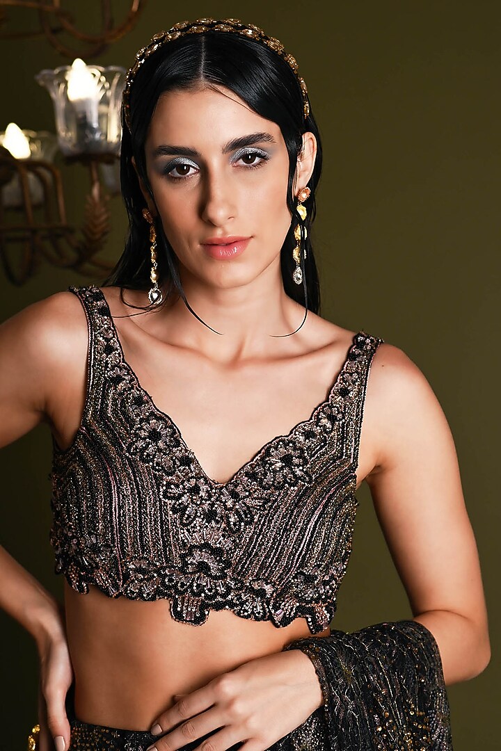 Black Nylon & Viscose Bridal Saree Set by Geisha Designs at Pernia's Pop Up Shop