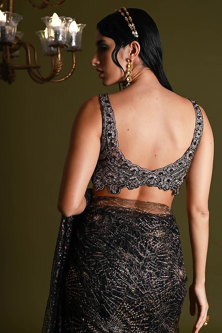 Black Nylon & Viscose Bridal Saree Set by Geisha Designs at Pernia's Pop Up Shop