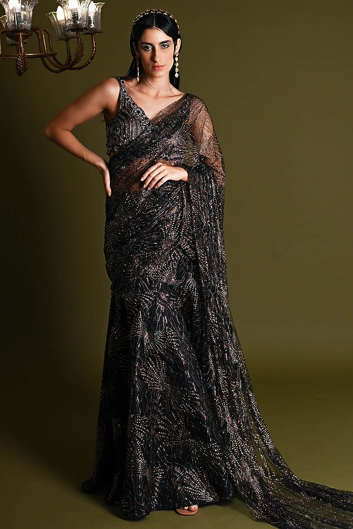 Black Nylon & Viscose Bridal Saree Set by Geisha Designs at Pernia's Pop Up Shop