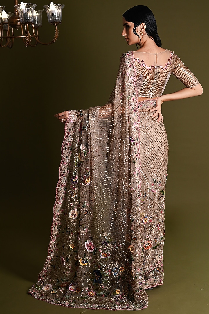 Off-White Viscose & Silk Floral Embroidered Bridal Saree Set by Geisha Designs at Pernia's Pop Up Shop