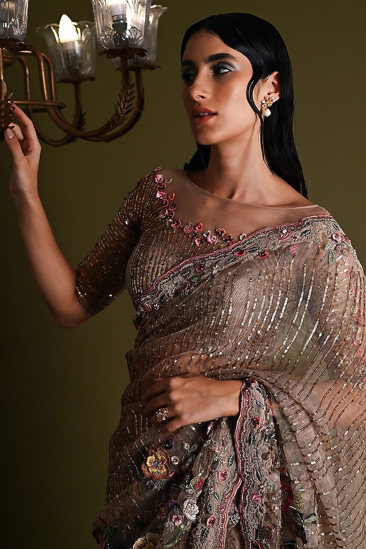 Off-White Viscose & Silk Floral Embroidered Bridal Saree Set by Geisha Designs at Pernia's Pop Up Shop