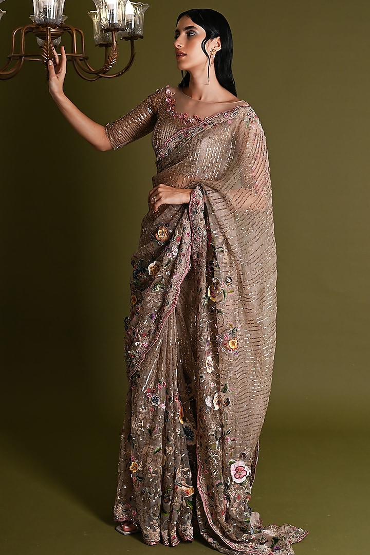 Off-White Viscose & Silk Floral Embroidered Bridal Saree Set by Geisha Designs at Pernia's Pop Up Shop