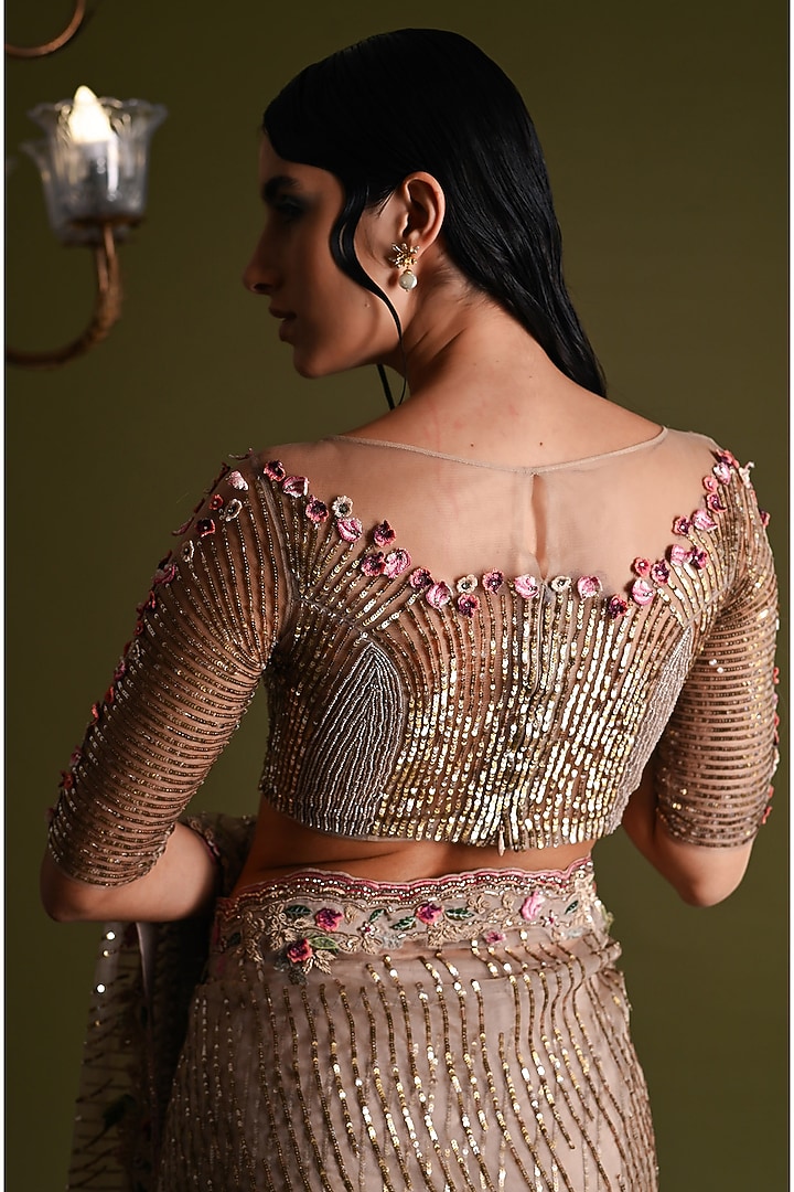 Off-White Viscose & Silk Floral Embroidered Bridal Saree Set by Geisha Designs at Pernia's Pop Up Shop