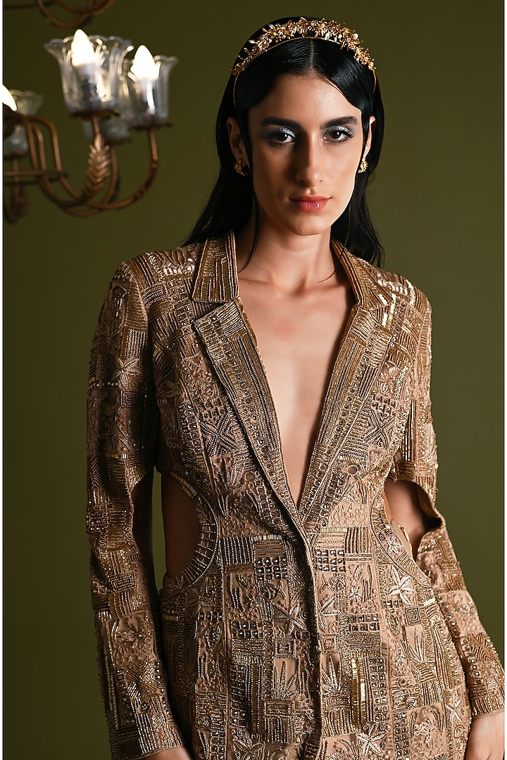Gold Viscose & Nylon Embroidered Co-Ord Set by Geisha Designs at Pernia's Pop Up Shop