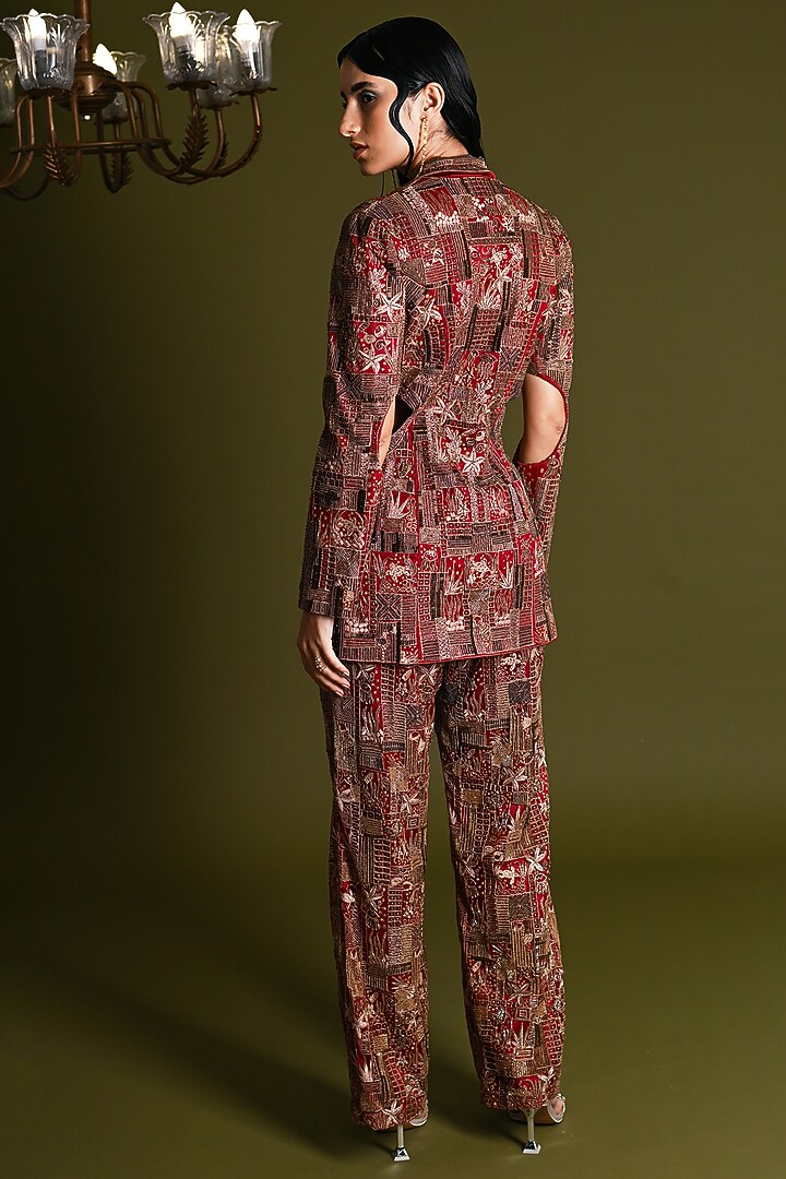 Scarlet Red Nylon & Viscose Embroidered Co-Ord Set by Geisha Designs at Pernia's Pop Up Shop