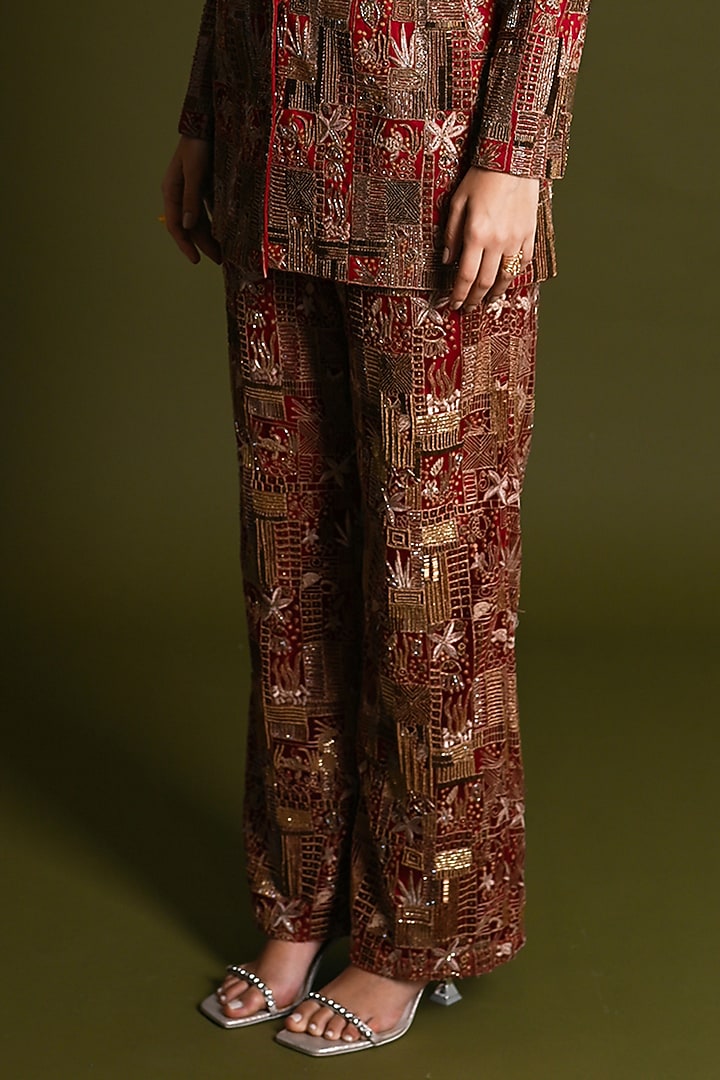 Scarlet Red Nylon & Viscose Embroidered Co-Ord Set by Geisha Designs at Pernia's Pop Up Shop