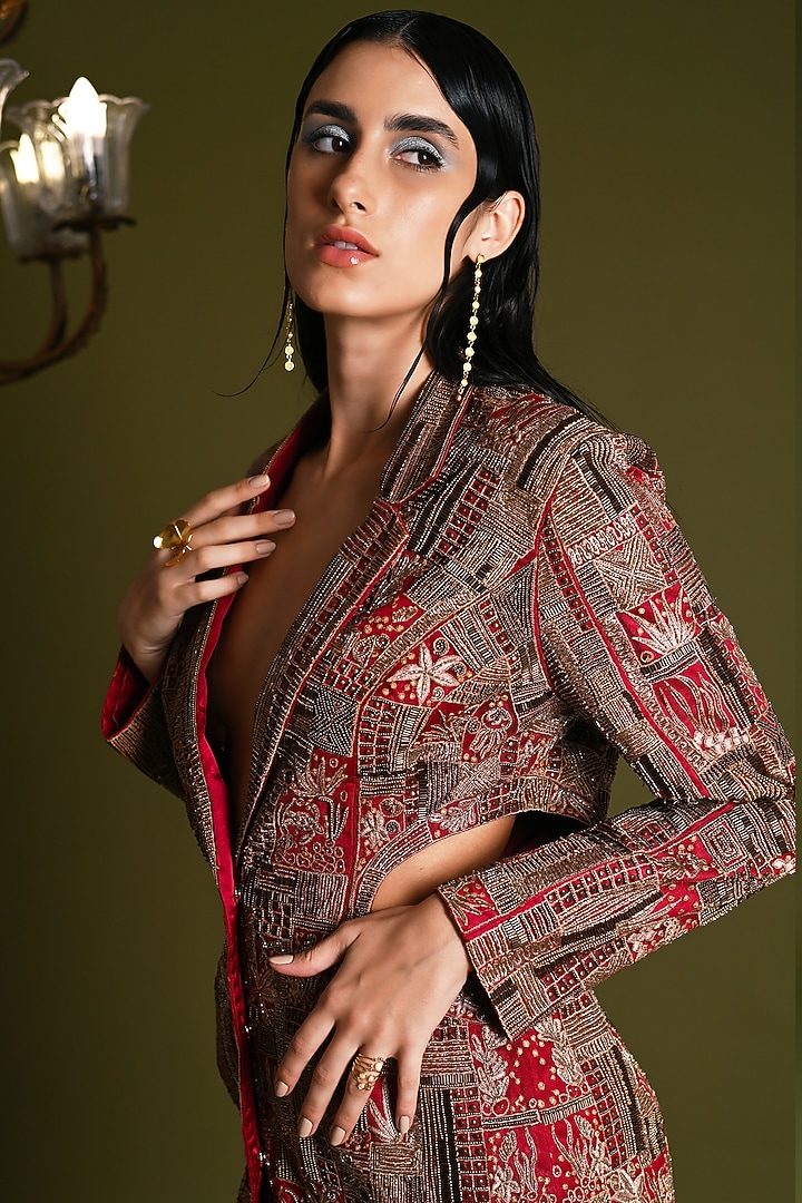 Scarlet Red Nylon & Viscose Embroidered Co-Ord Set by Geisha Designs at Pernia's Pop Up Shop