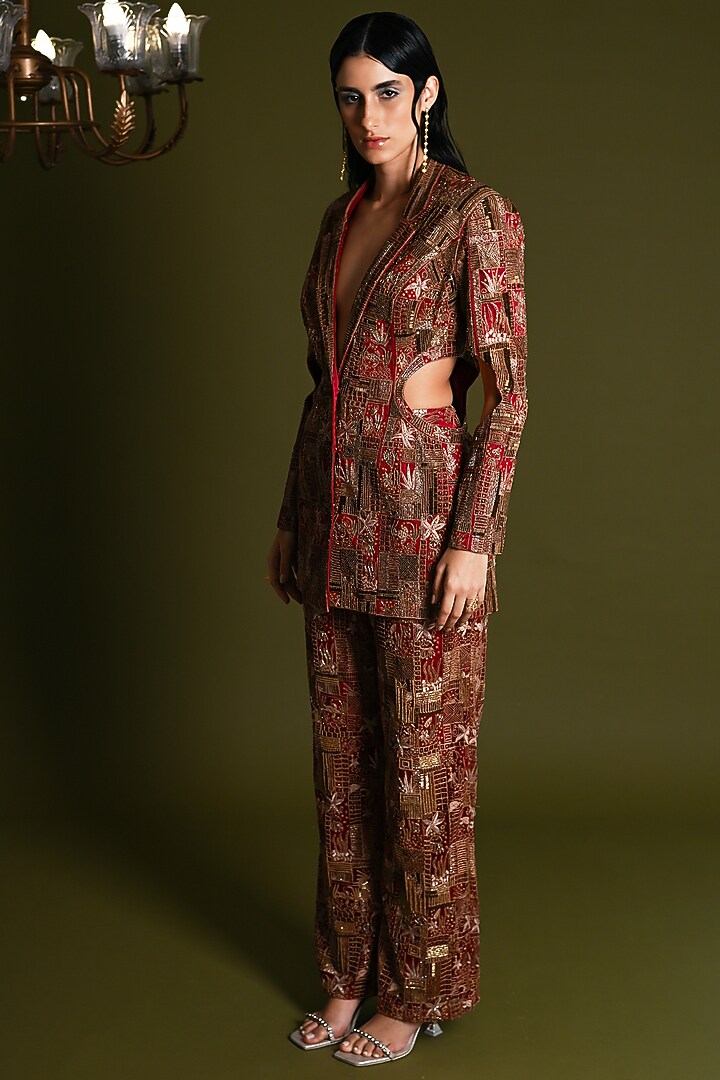 Scarlet Red Nylon & Viscose Embroidered Co-Ord Set by Geisha Designs at Pernia's Pop Up Shop