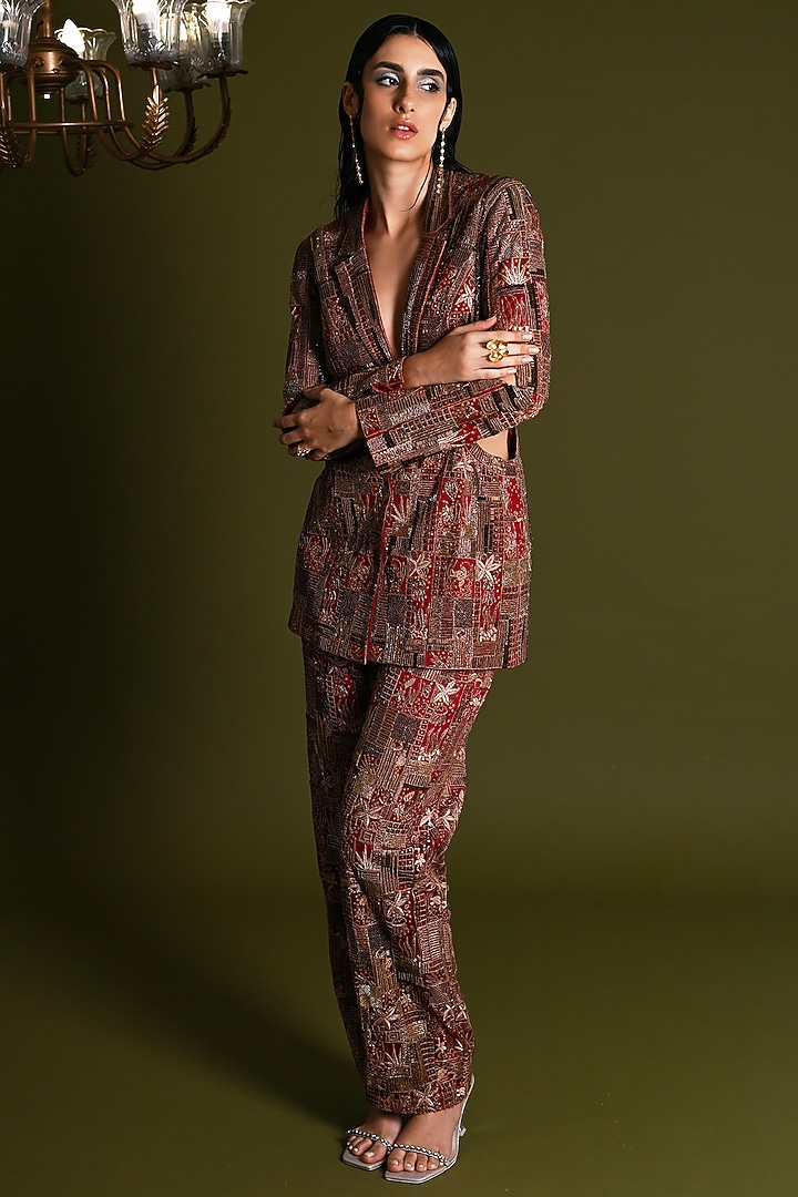 Scarlet Red Nylon & Viscose Embroidered Co-Ord Set by Geisha Designs at Pernia's Pop Up Shop