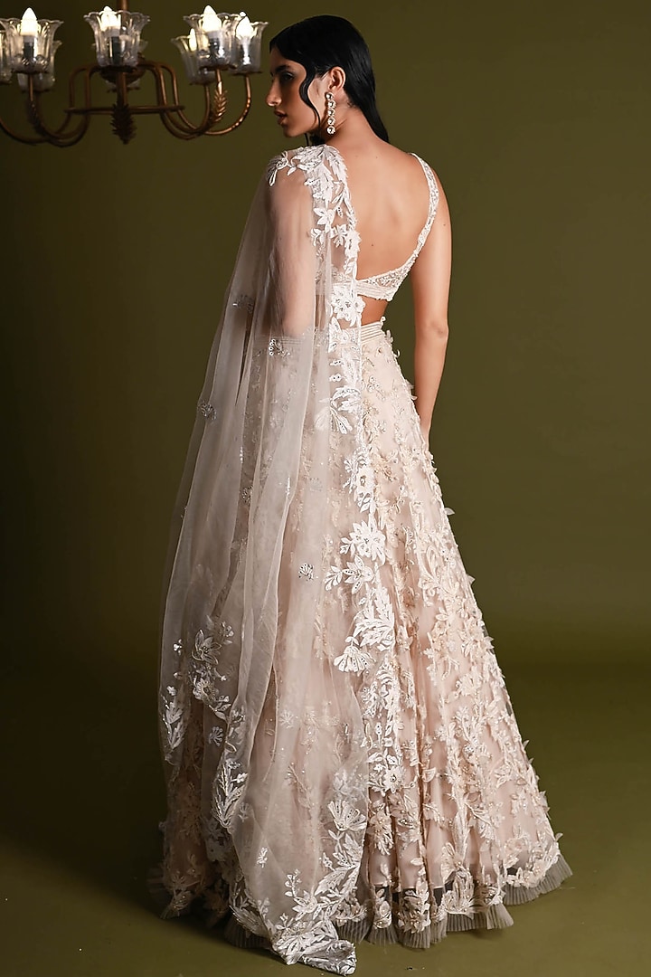 Off-White Tulle Floral Embroidered Bridal Lehenga Set by Geisha Designs at Pernia's Pop Up Shop