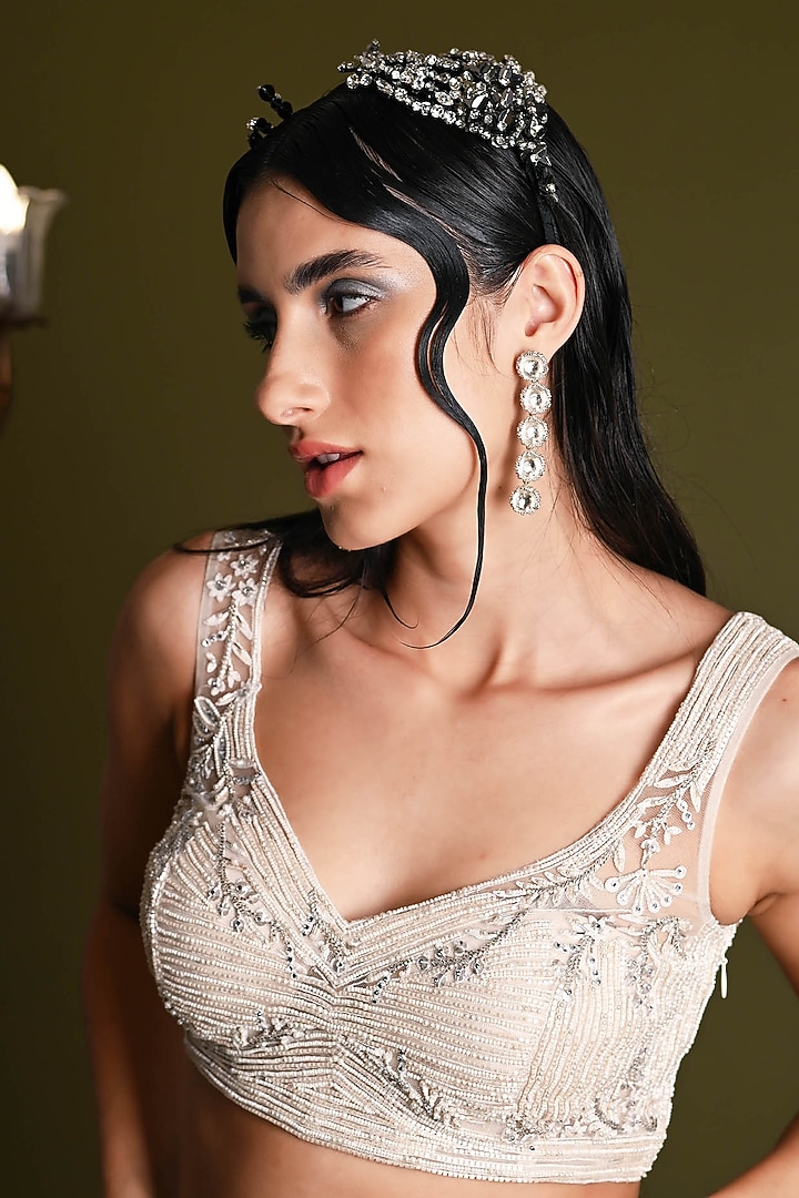 Off-White Tulle Floral Embroidered Bridal Lehenga Set by Geisha Designs at Pernia's Pop Up Shop